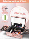 Portable Makeup Case With Led Mirror Travel Makeup Bag Cosmetic Organizer Box With Locks, Brush Holder, Dividers, Rechargeable, Rose Gold Rose Gold Aluminium Alloy