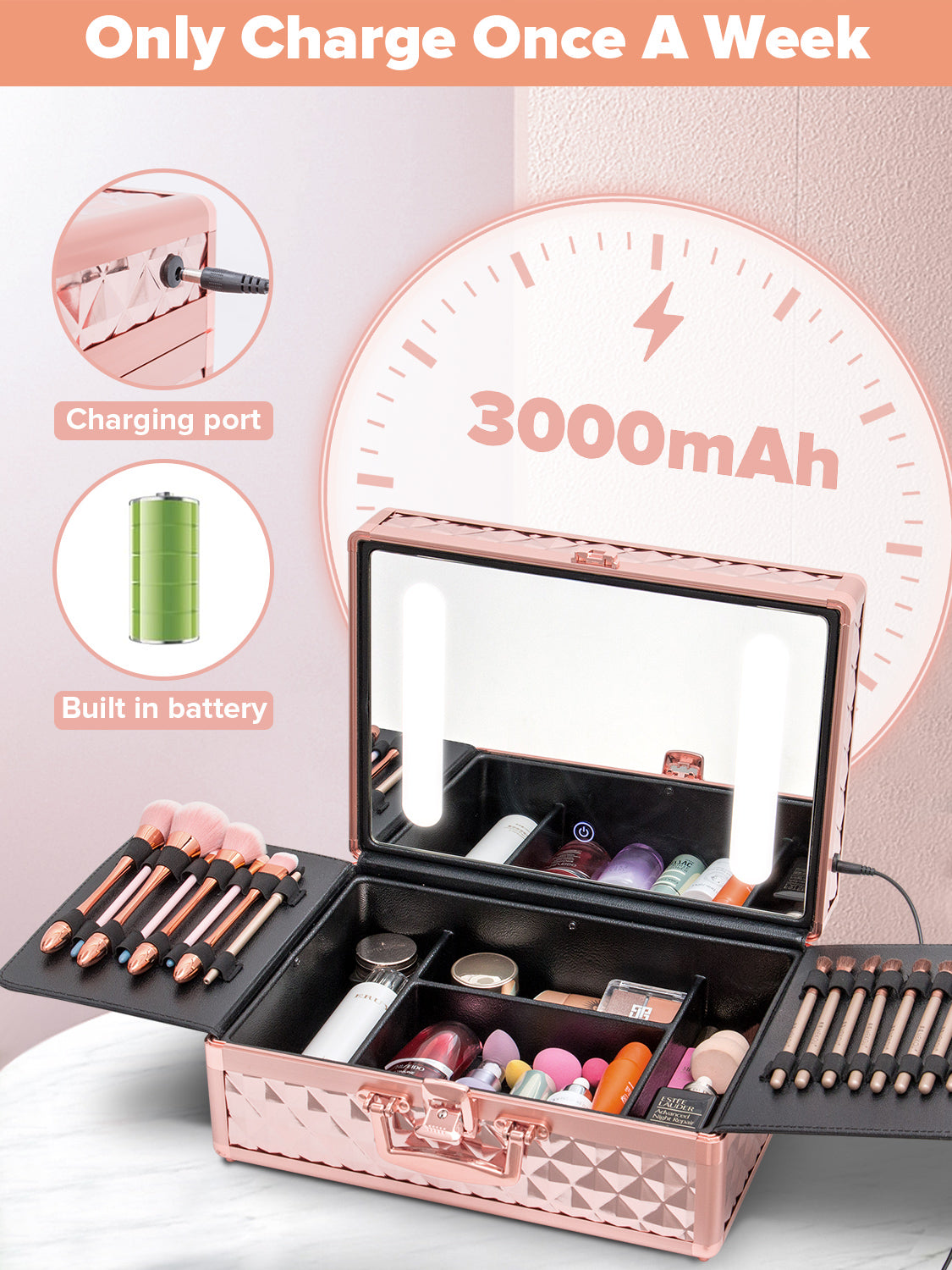 Portable Makeup Case With Led Mirror Travel Makeup Bag Cosmetic Organizer Box With Locks, Brush Holder, Dividers, Rechargeable, Rose Gold Rose Gold Aluminium Alloy