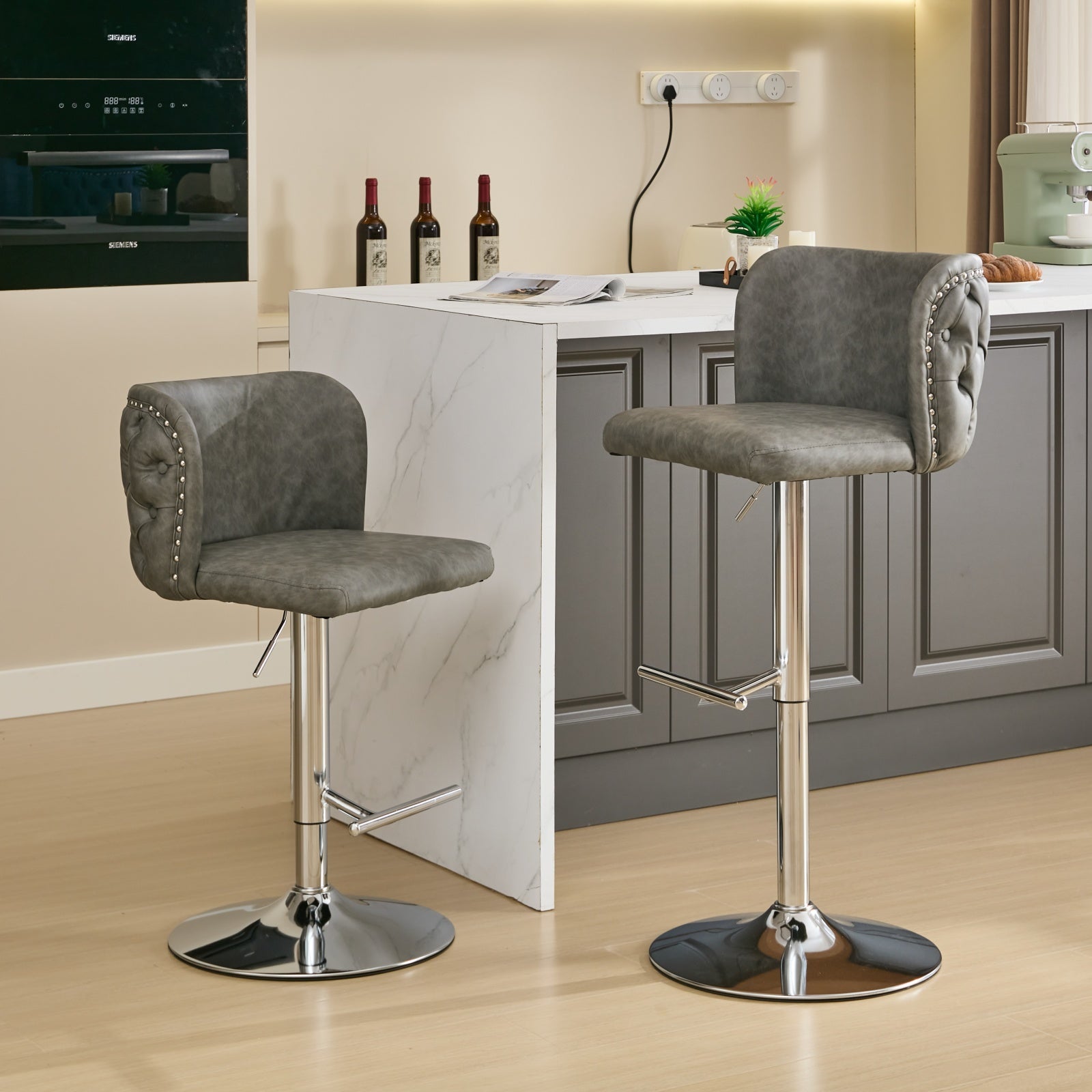 Swivel Barstools Adjusatble Seat Height With Chrome Base, Modern Pu Upholstered Bar Stools With The Whole Back Tufted, For Home Pub And Kitchen Island,Gray, Set Of 2 Gray American Design Bar Stools Set Of 2 Foam Pu Leather