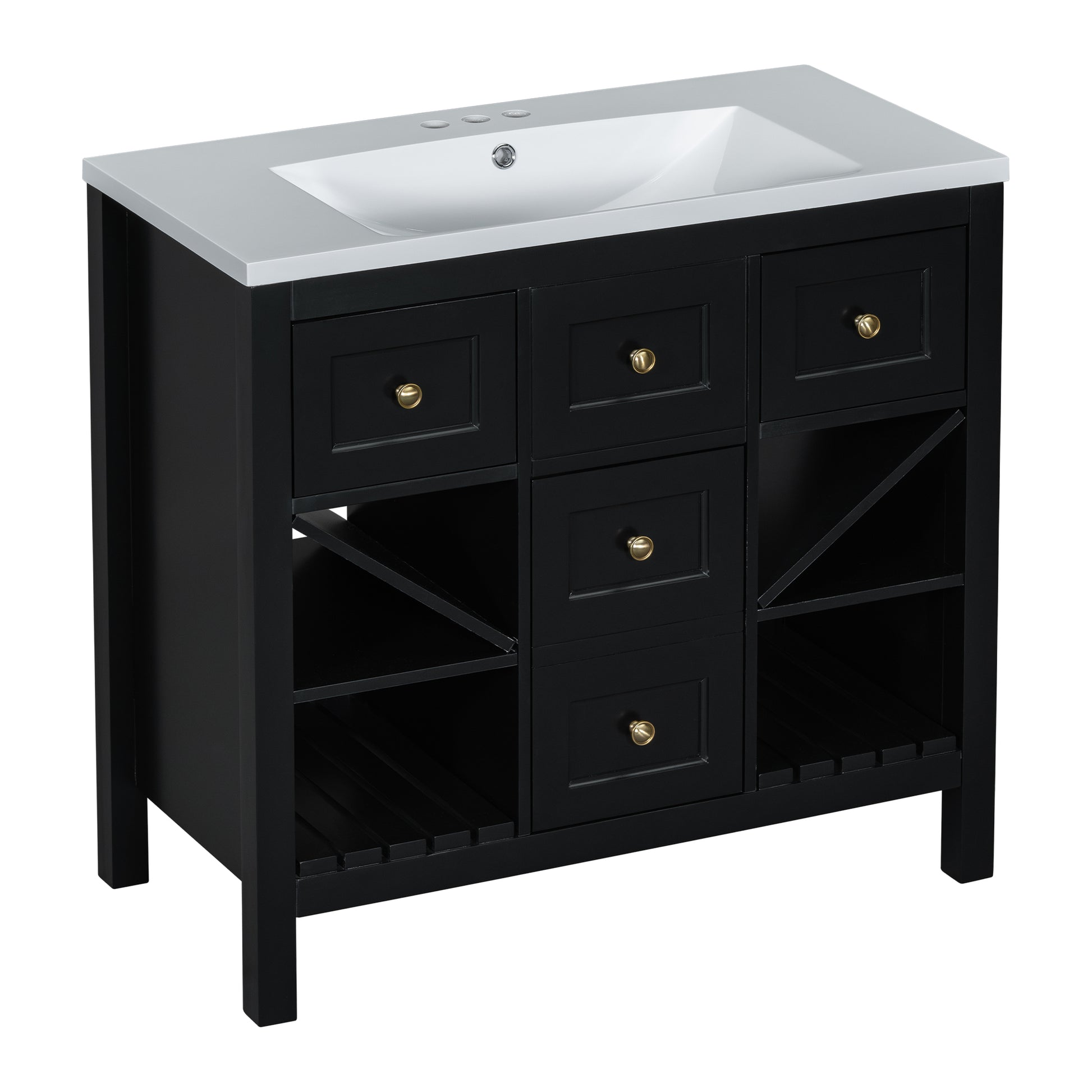 36'' Bathroom Vanity With Resin Sink Combo, Solid Wood Frame Bathroom Storage Cabinet, Freestanding Vanity Set With 5 Drawers& Soft Closing Doors Same As N710S136001B Black Bathroom Solid Wood Mdf Resin
