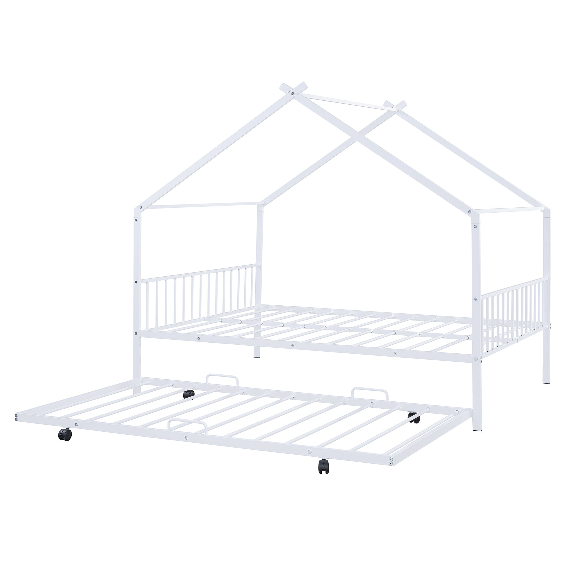 Full Size Metal House Bed With Twin Size Trundle, White Full White Metal