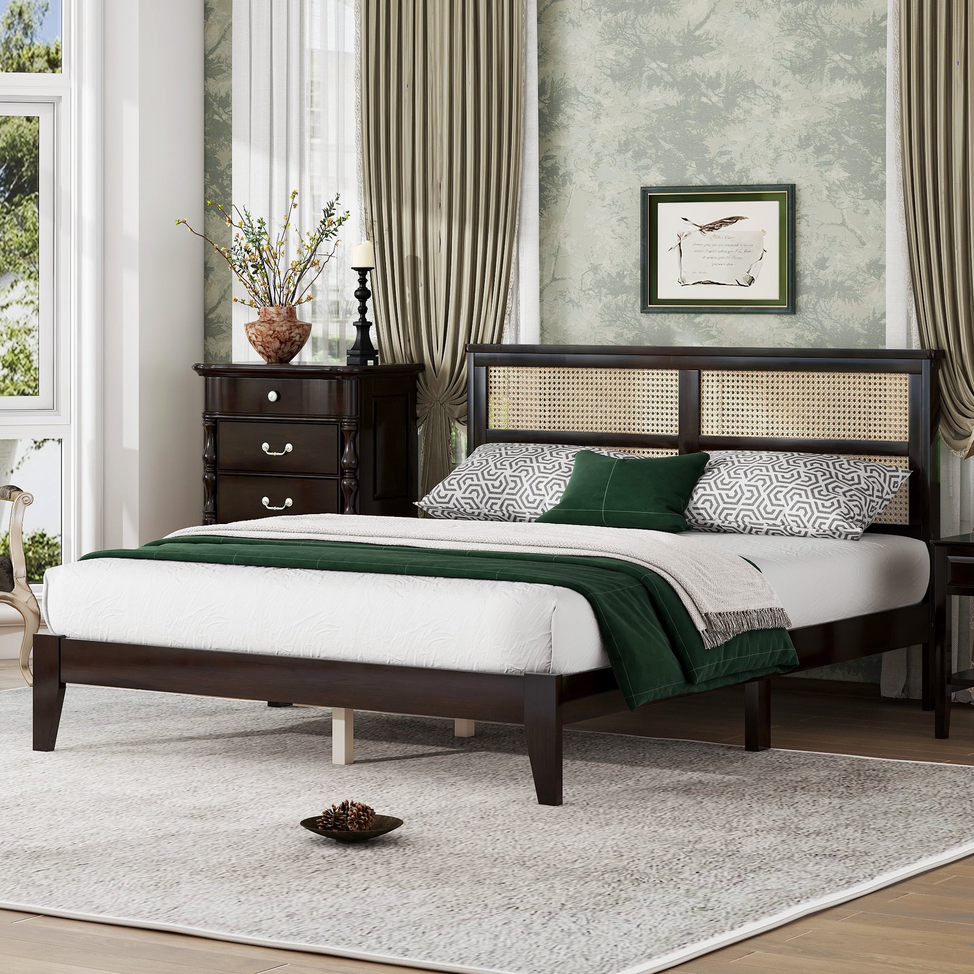 Queen Size Rubber Wooden, Solid Wooden Bed With Rattan Headboard, Enhanced By Support Feet,Espresso Queen Espresso Rubber Wood