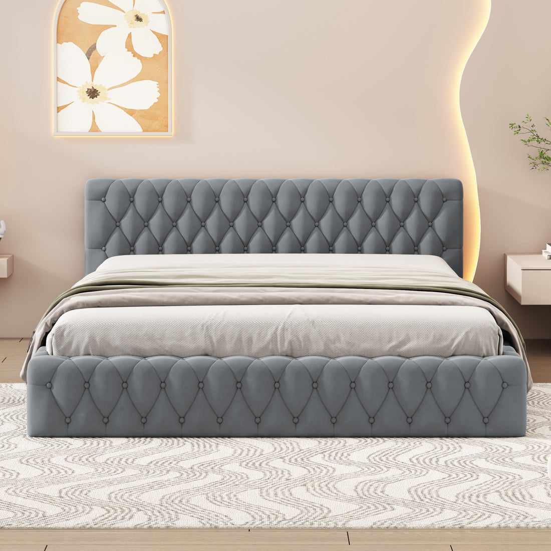Queen Size Velvet Upholstered Platform Bed, With Luxurious Diamond Grid Headboard,Gray Queen Gray Plywood