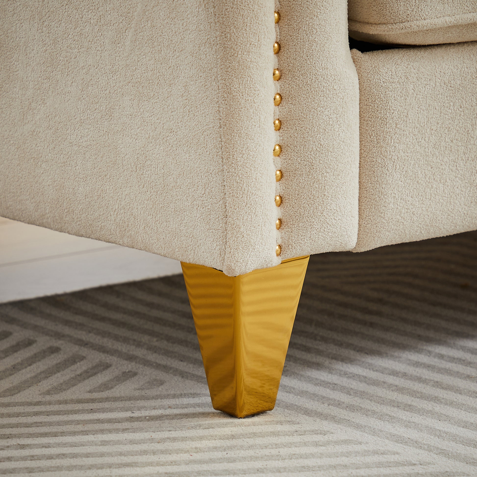 Fx 81"Mid Century Design Modern Sofa,Chenille Pull Buckle Design Sofa For Living Room,Buttons Tufted With Copper Nail Decoration Armrest, With 2 Pillows,Modern Couch Upholstered Button And Metal Leg Beige Chenille Pine Foam Fabric 3 Seat