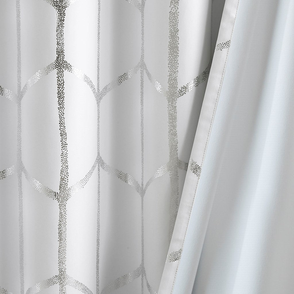 Total Blackout Metallic Print Grommet Top Curtain Panel Only 1 Pc Panel White Silver Polyester