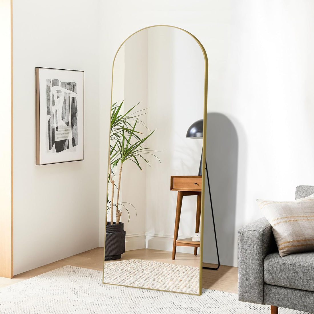 Dolonm 64X21 Inch Arch Full Length Mirror, Aluminum Alloy Frame Floor Mirror, Large Mirror Free Standing Hanging Or Leaning, Full Body Mirror For Living Room, Bedroom, Cloakroom, Hallway, Gold Golden Mirror