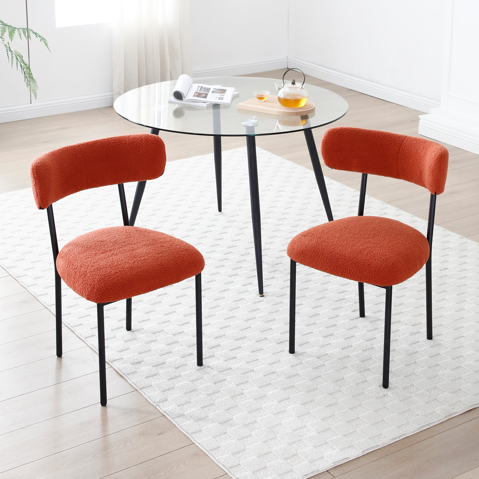 Dining Chairs Set Of 2,Round Upholstered Sherpa Fabric Dining Room Chairs With Curved Backrest,Mid Century Modern Accent Chairs With Black Metal Adjustable Legs For Dining Room,Living Room,Kitchen Orange Foam Teddy