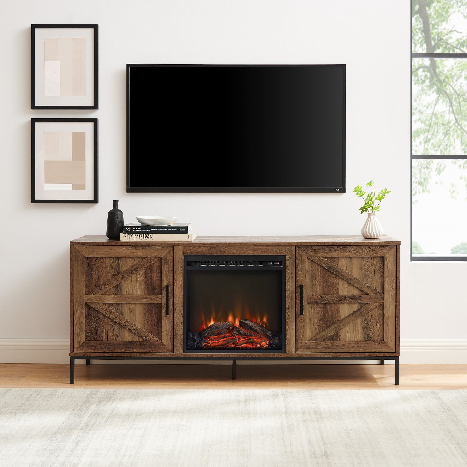 Modern Farmhouse Barn Door Fireplace Tv Stand For Tvs Up To 65 Rustic Oak Oak Mdf Mdf