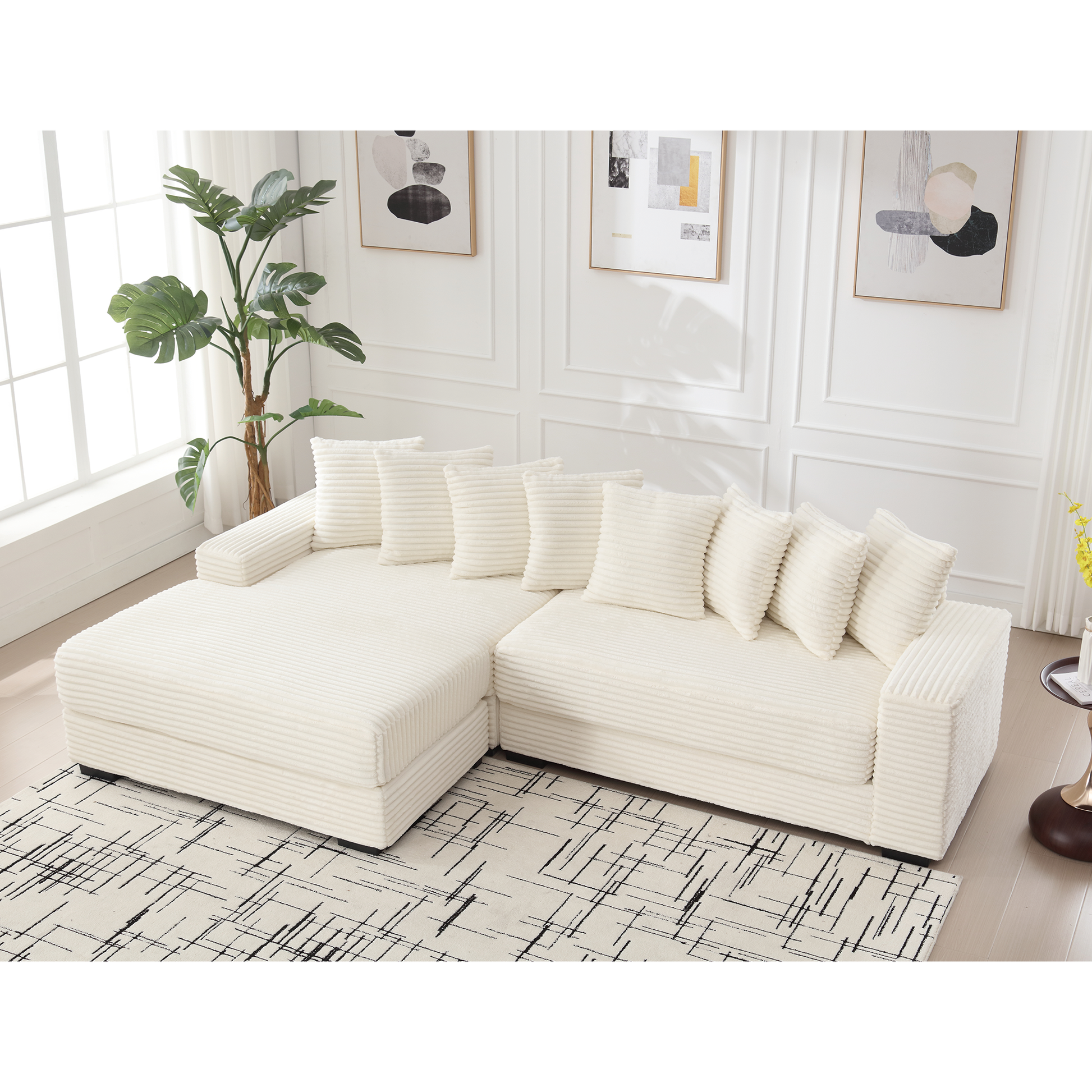 Arrived Oversized Two Piece Couches, L Shaped Sofa, Corduroy, Left Chaise Daybed,With Armrests,Eight Throw Pillows,Corner Sofa,Easy To Assemble, Beige Beige Polyester Wood Primary Living Space Pillow Back Medium Soft Modern Square Arms Wood 3 Seat