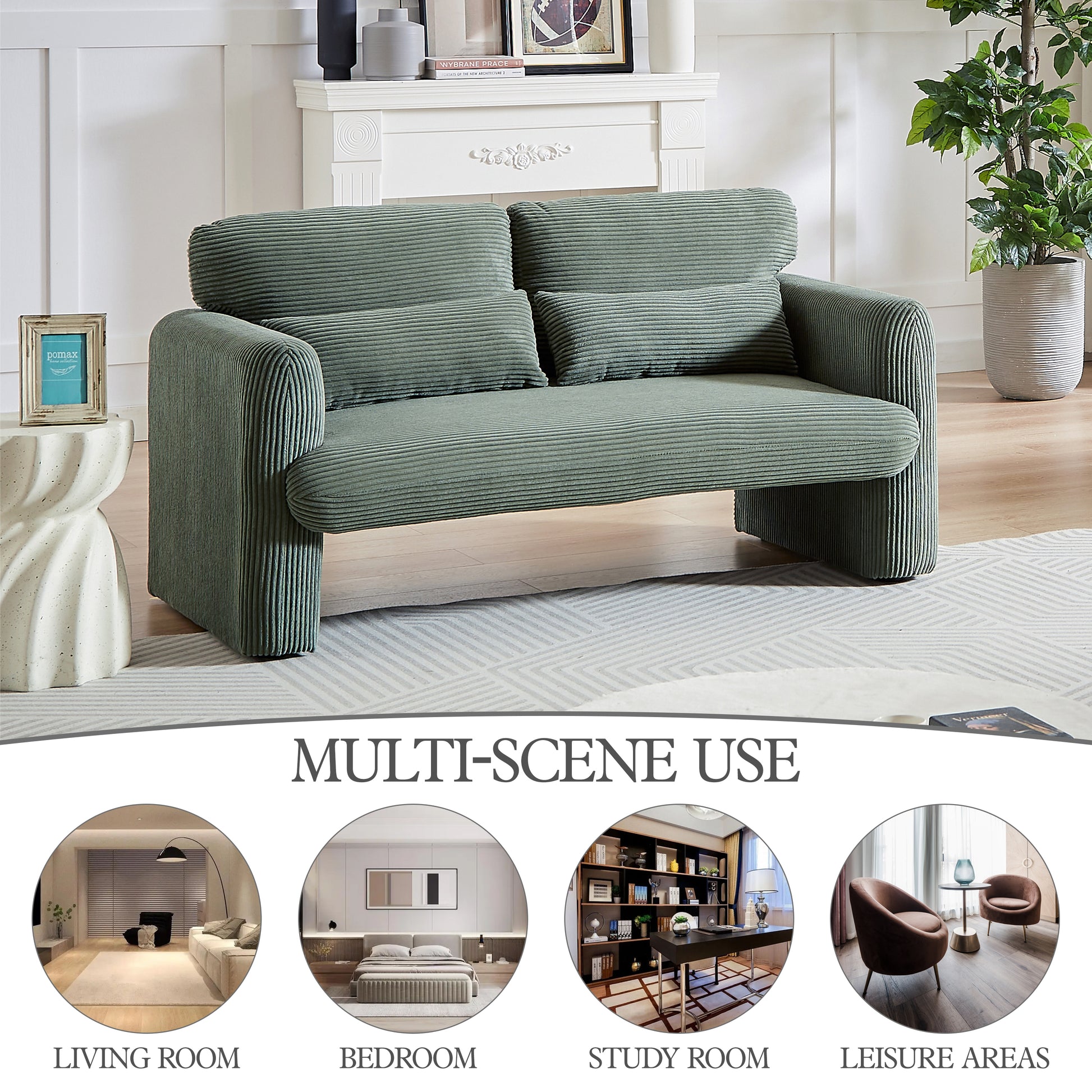 60"Corduroy Fabric Loveseat Sofa With 60"Loveseat Sofa, Modern Sofa With Support Pillow, For Apartment, Office, Living Room & Bedroom Green Corduroy 2 Seat