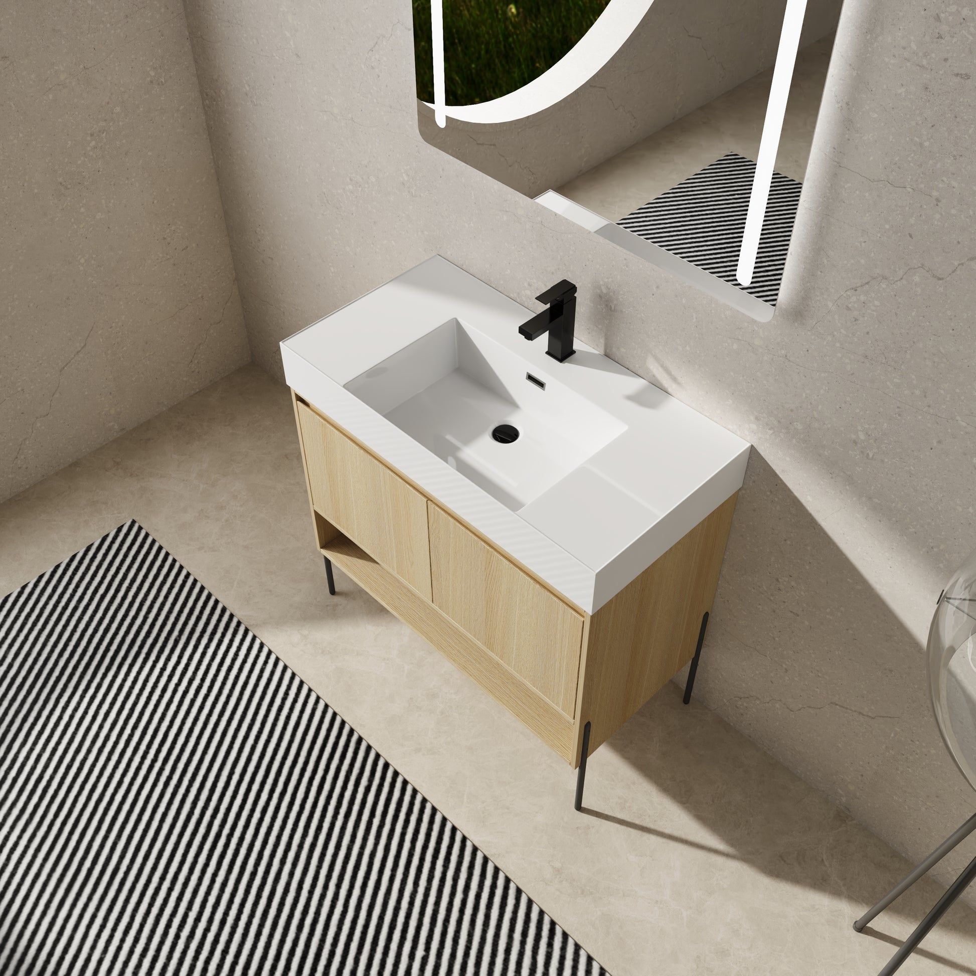 36" Bathroom Vanity Combo W Single Ceramic Sink, Modern Storage Cabinet Set 2 Door, Multilayer Solid Wood, Oak Oak Bathroom American Design Engineered Wood