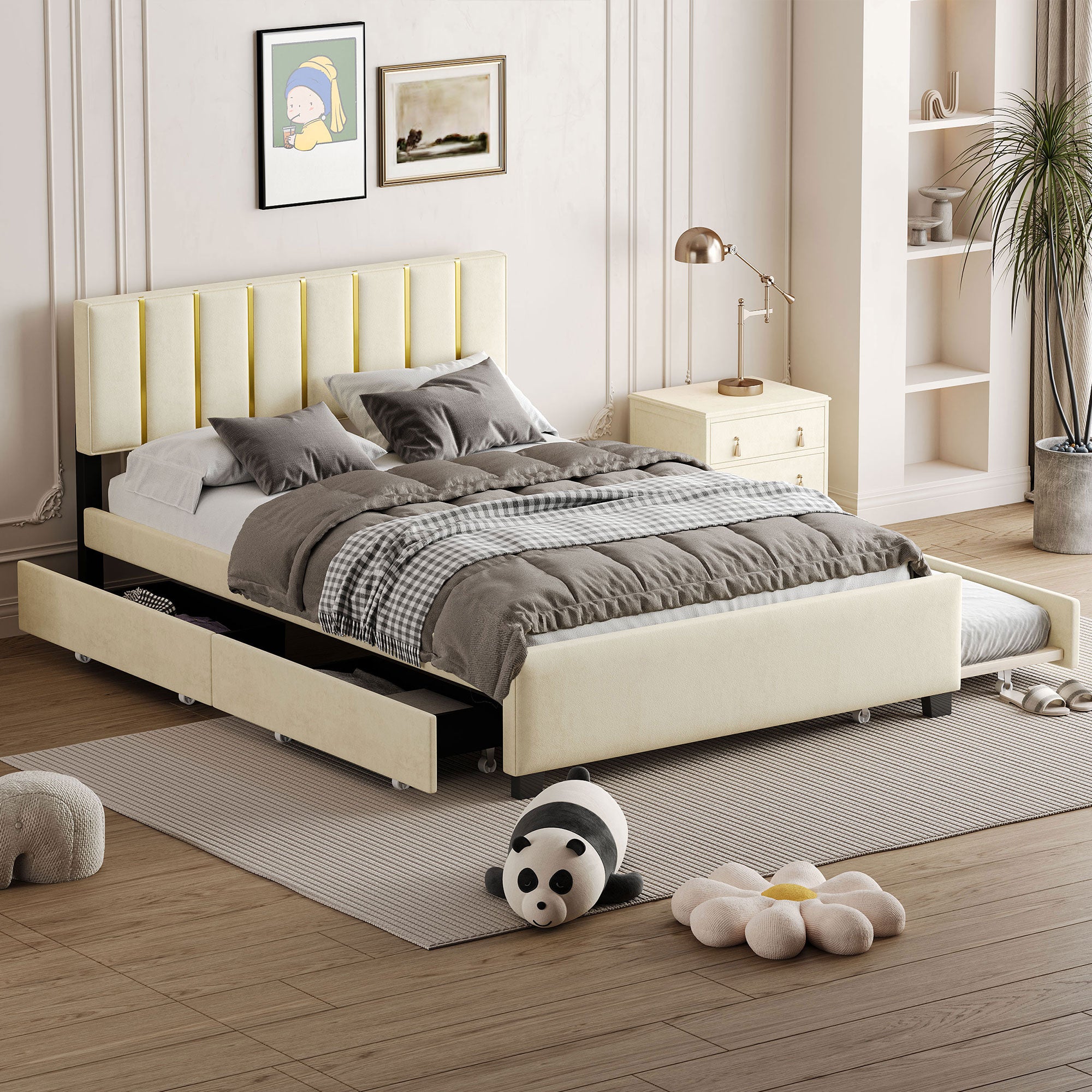 Queen Size Upholstered Platform Bed With 2 Drawers And 1 Trundle, Classic Metal Strip Headboard Design, Beige Queen Beige Mdf Lvl