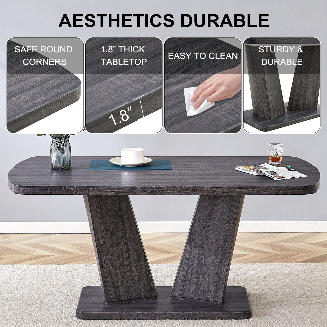 Dining Table Set For 4 6, 5 Piece Dining Table Set, Faux Wood Table Top And Modern Design Mdf Base With 4 Pu Leather Ergonomic Dining Chairs Metal Grey Modern Mdf Metal