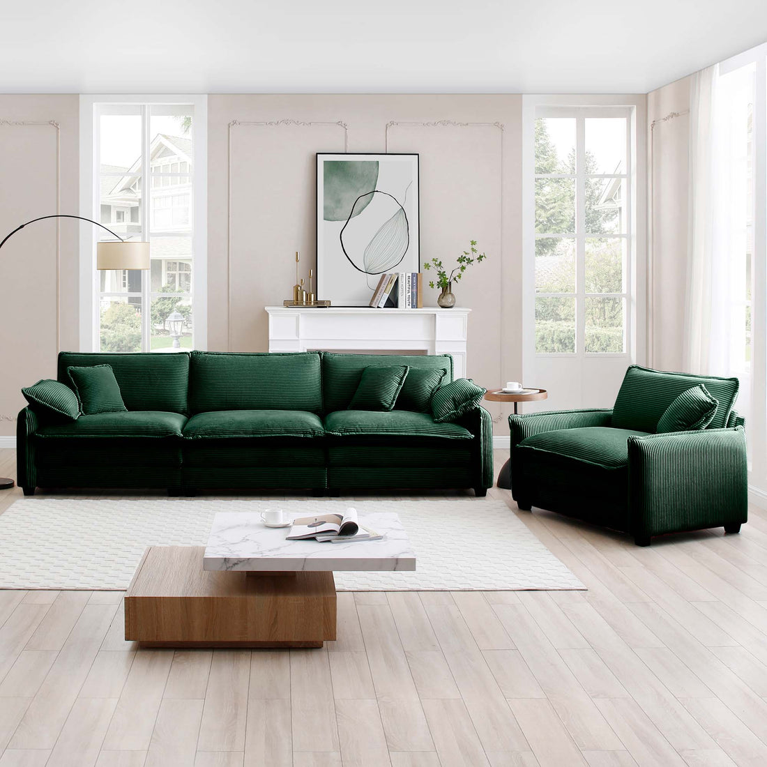 Mid Century Modern Sofa Set Of Two, One 3 Seater Sofa And One Single Seat Sofa With 2 Arm Pillows And 4 Throw Pillows,2 Pieces Sofa Set For Living Room,Green Corduroy Fabric Green Corduroy 4 Seat
