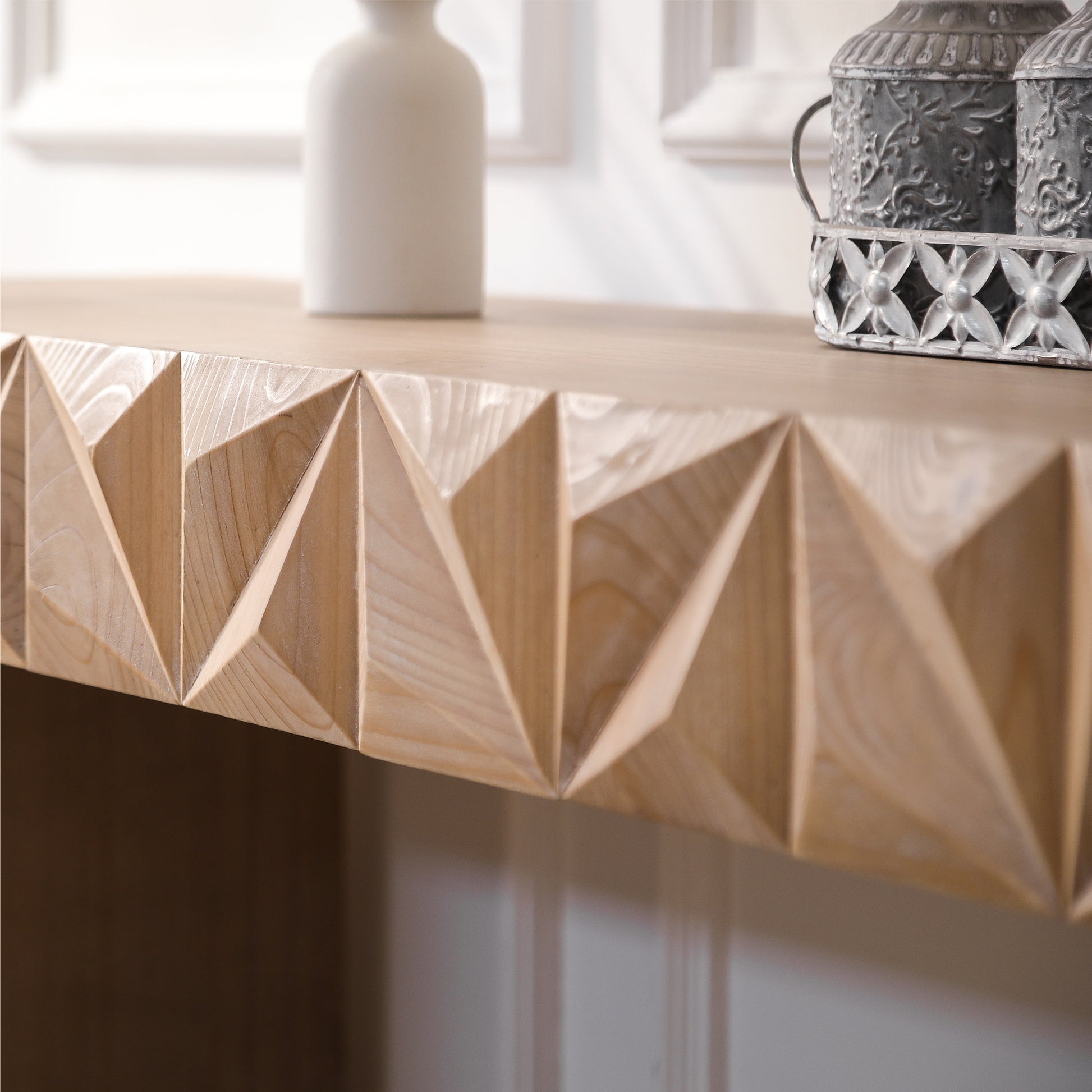 Modern Geometric Wooden Console Table Natural Wood Finish With Handcrafted 3D Design Antique Natural,Natural,Natural & Light Brown,Natural Wood,Natural Wood Wash Nature Distressed Finish Primary Living Space Powder Coated Rectangular Wood