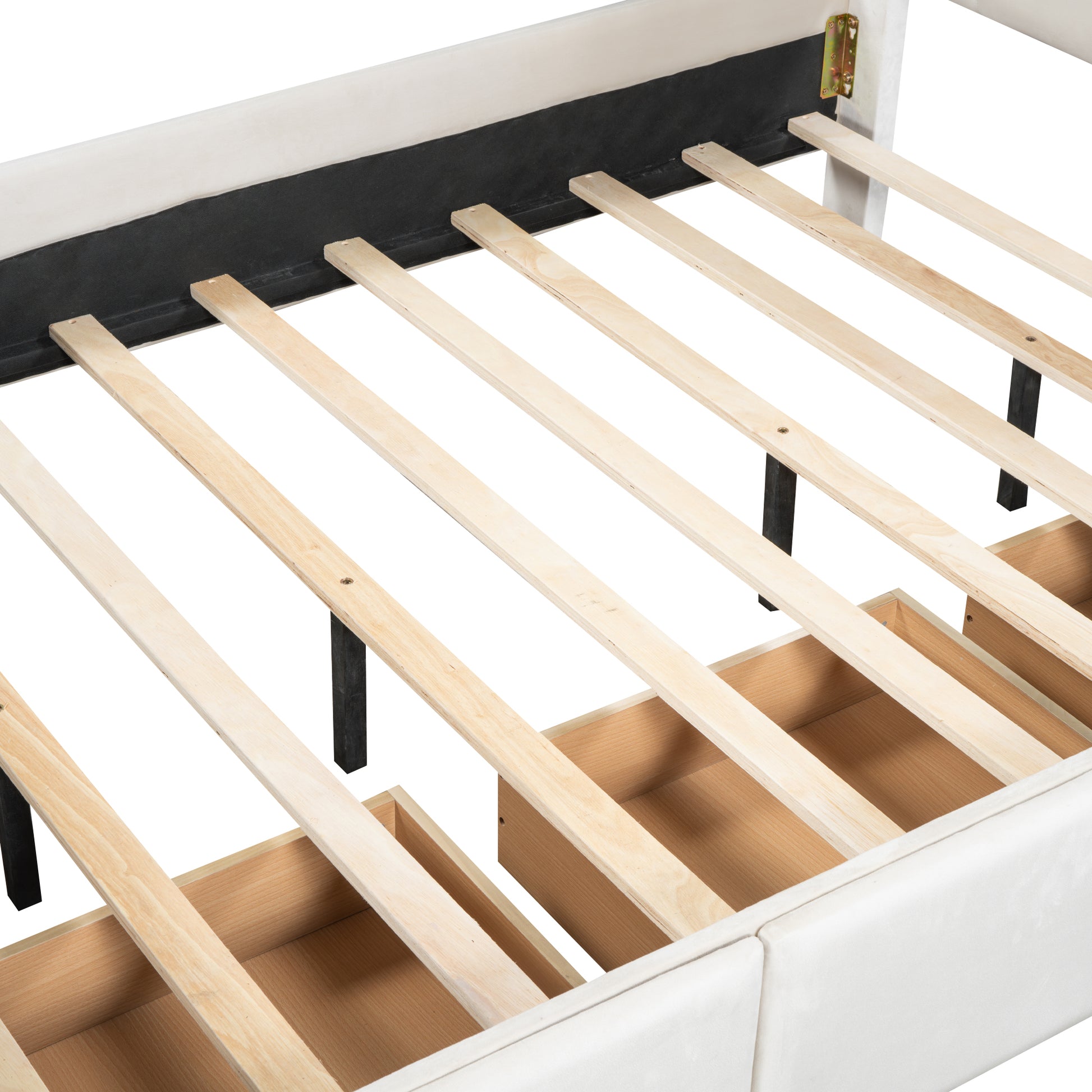 Full Size Velvet Platform Bed With Rabbit Shaped Headboard, With Drawers, With Bed End Storage Pocket, Beige Full Beige Plywood