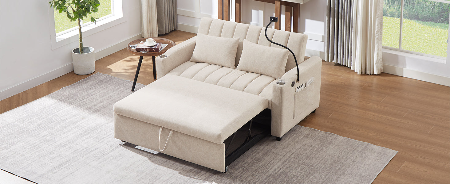 55.9" Convertible Sofa Bed Loveseat Sofa With Three Usb Ports, Two Side Pockets, Two Cup Holders And 360 Swivel Phone Holder For Living Room, Beige Beige Foam Polyester