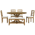 Farmhouse 6 Piece 60Inch Extendable Pedestal Dining Table Set With 18Inch Removable Leaf, 44Inch Bench And 4 Ladder Back Dining Chairs, Dark Brown Wood Dining Room Solid Wood Rubberwood Oval Dining Table With Bench Wood Wood Dark Brown Ladder Back Seats