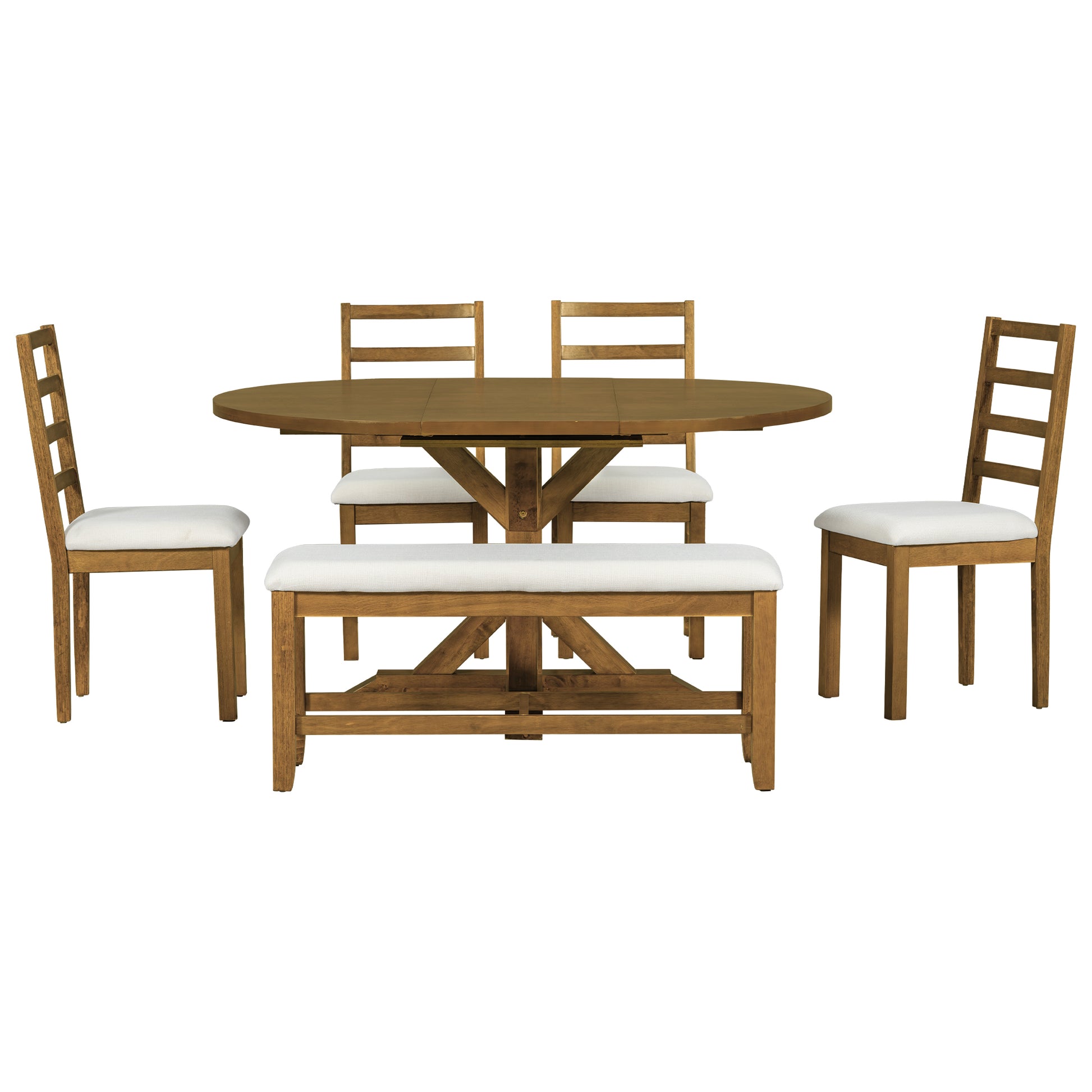 Farmhouse 6 Piece 60Inch Extendable Pedestal Dining Table Set With 18Inch Removable Leaf, 44Inch Bench And 4 Ladder Back Dining Chairs, Dark Brown Wood Dining Room Solid Wood Rubberwood Oval Dining Table With Bench Wood Wood Dark Brown Ladder Back Seats