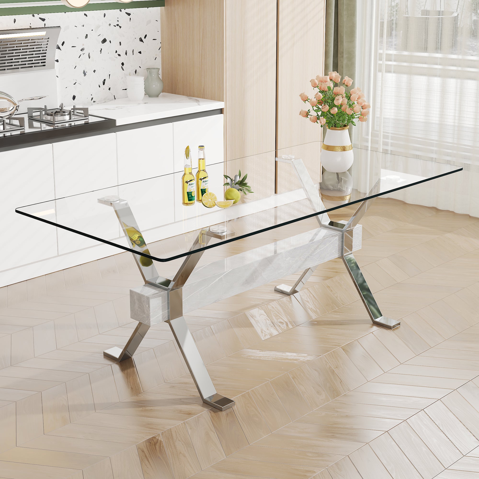 Dining Table. Modern Tempered Glass Dining Table. Large Modern Office Desk With Silver Plated Metal Legs And Mdf Crossbars, Suitable For Both Home And Office Use. Kitchen. 71 ''X35.4''X30 '' 1105 Transparent Glass