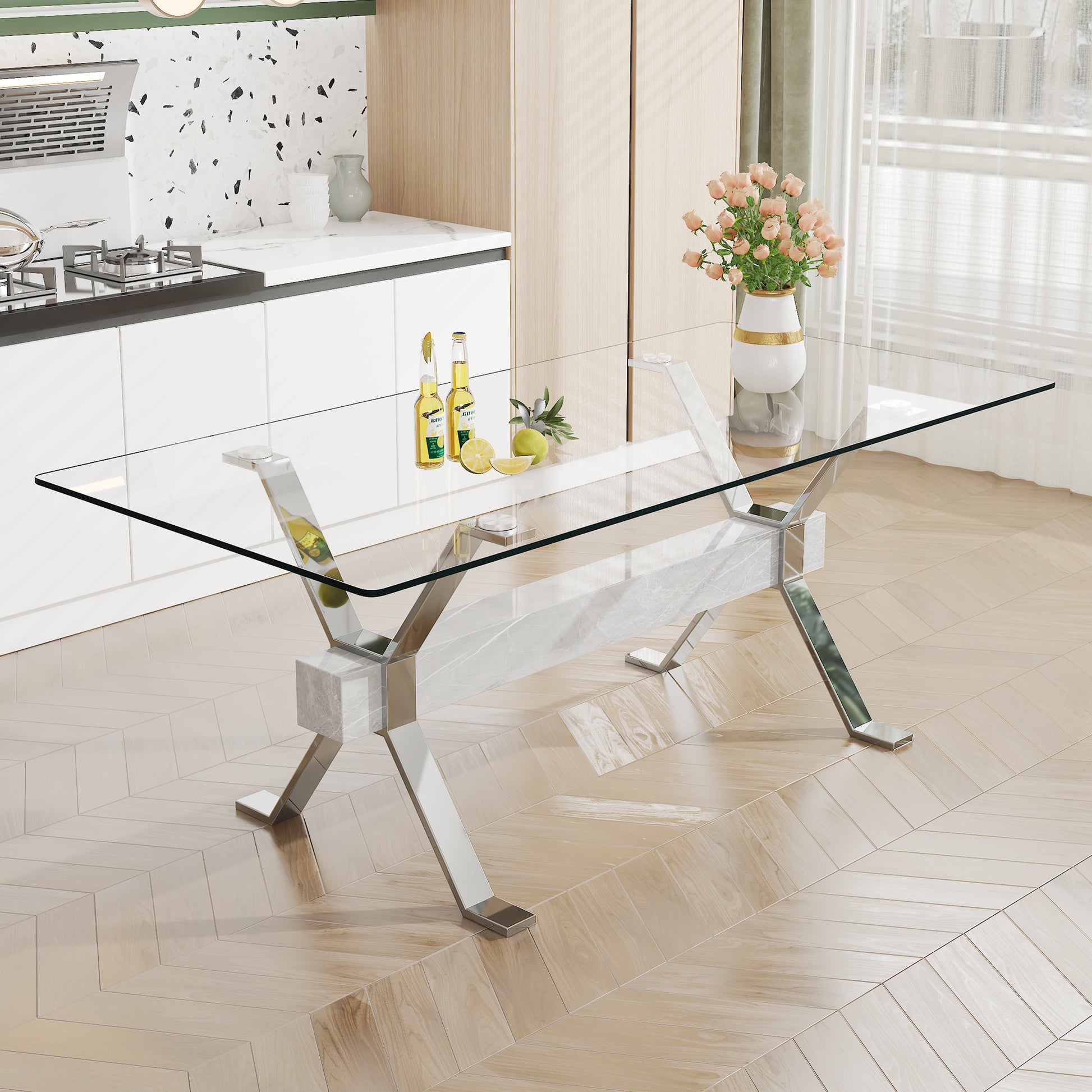 Dining Table. Modern Tempered Glass Dining Table. Large Modern Office Desk With Silver Plated Metal Legs And Mdf Crossbars, Suitable For Both Home And Office Use. Kitchen. 71 ''X35.4''X30 '' 1105 Transparent Glass