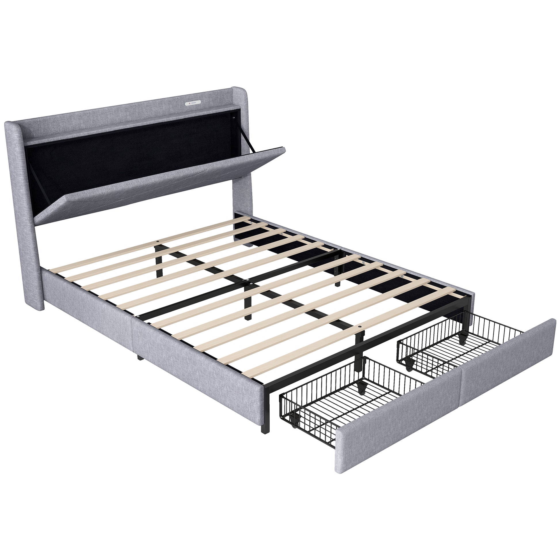 Queen Size Upholstery Platform Bed With Storage Headboard, Led, Usb Charging And 2 Drawers, Gray Queen Gray Upholstered