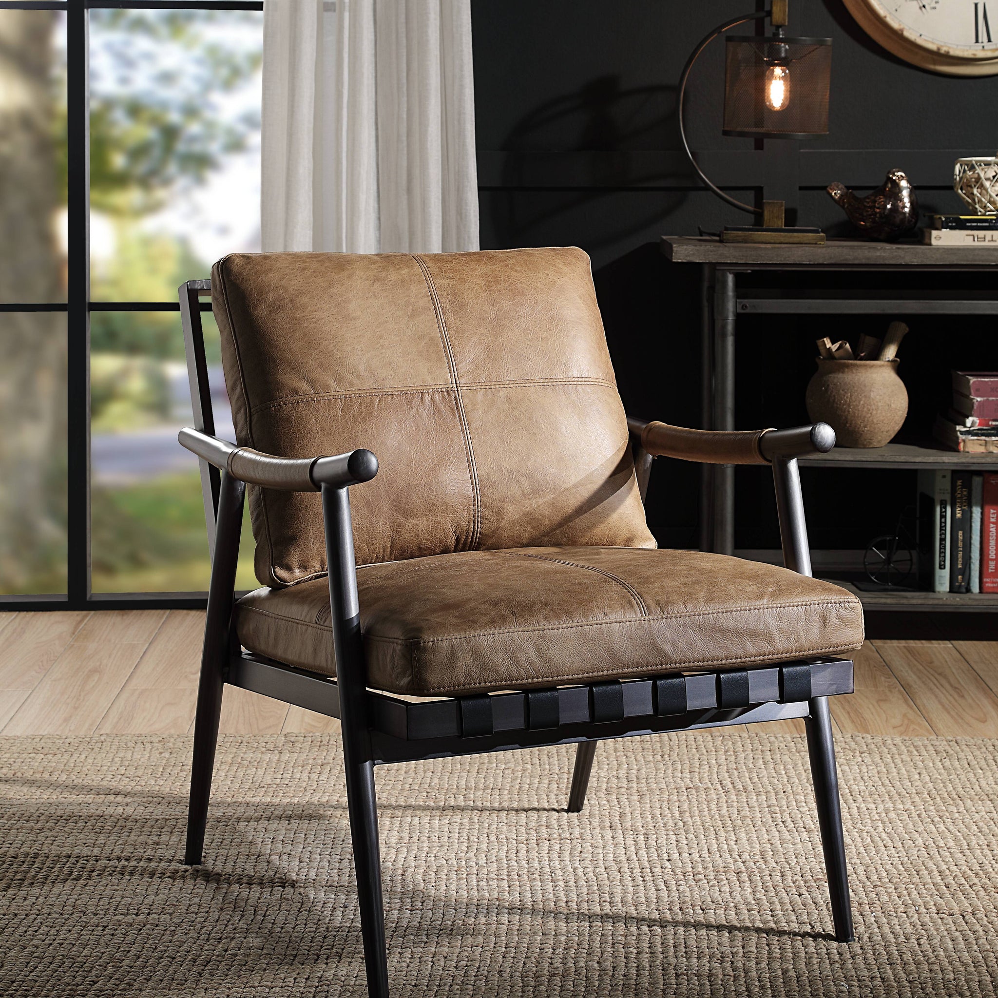 Berham Chestnut And Matt Iron Accent Chair With Metal Leg Chestnut Primary Living Space Genuine Leather