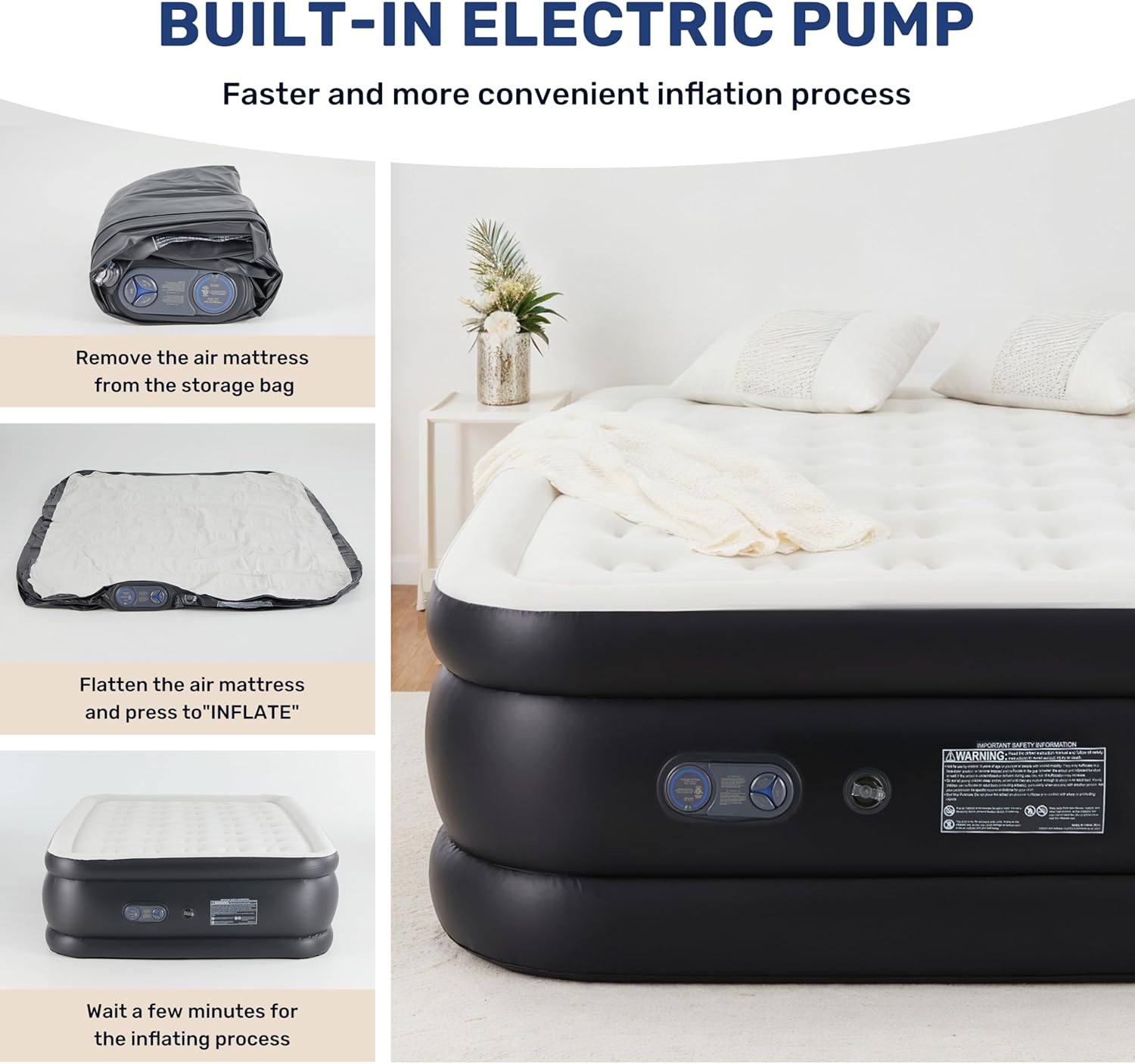 Twin Camping Air Mattress With Built In Electric High Speed Pump, 18" Bed Height, Blow Up Aerobed Inflatable Airbed With Carrying Bag, Best For Home Guests & Travel, Waterproof Foldable Portable