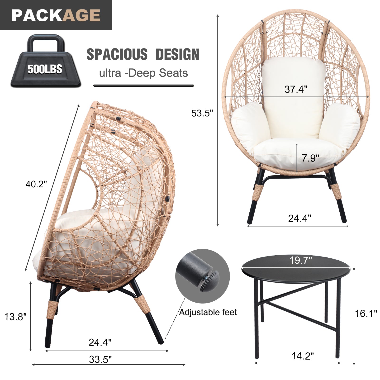 3 Pieces Patio Egg Chairs Model 3 With Side Table Set,Natural Color Pe Rattan And Beige Cushion Yes Natural Foam Steel