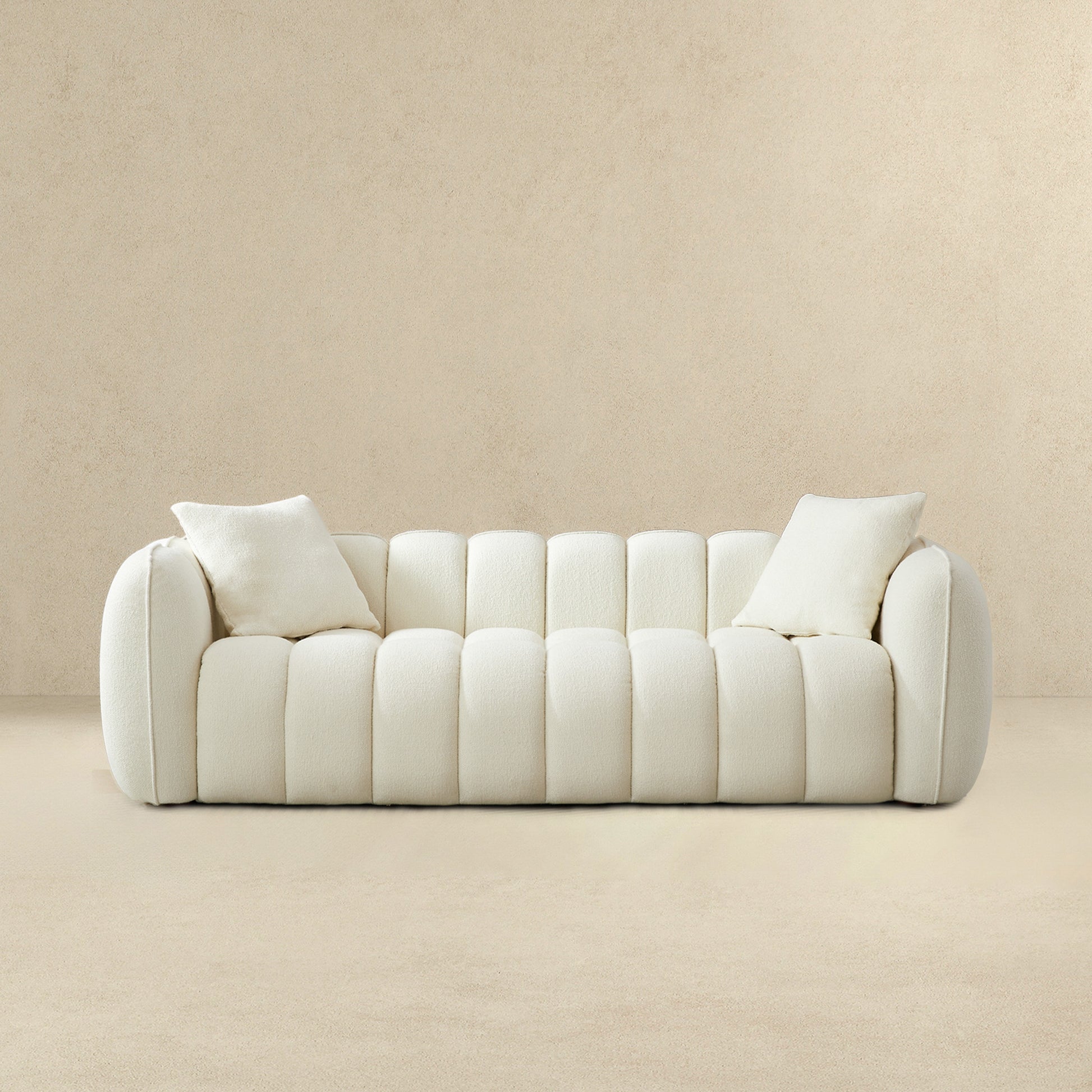 Marissa Sofa Cream Boucle Cream,White Wood Tufted Back Mid Century Modern Boucle,Solid Wood 3 Seat