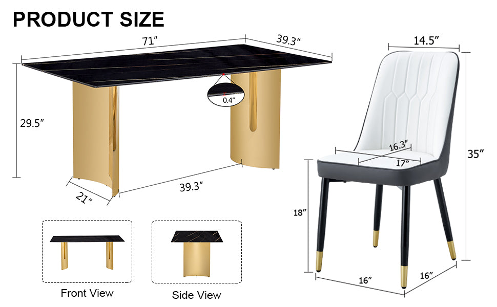 Table And Chair Set.The Table Has A Glass Top With Imitation Marble Pattern Stickers And Stainless Steel Golden Legs. Paried With Chairs With Pu Artificial Leather Backrest Cushions And Black Legs. Black Gold Seats 6 Glass Metal