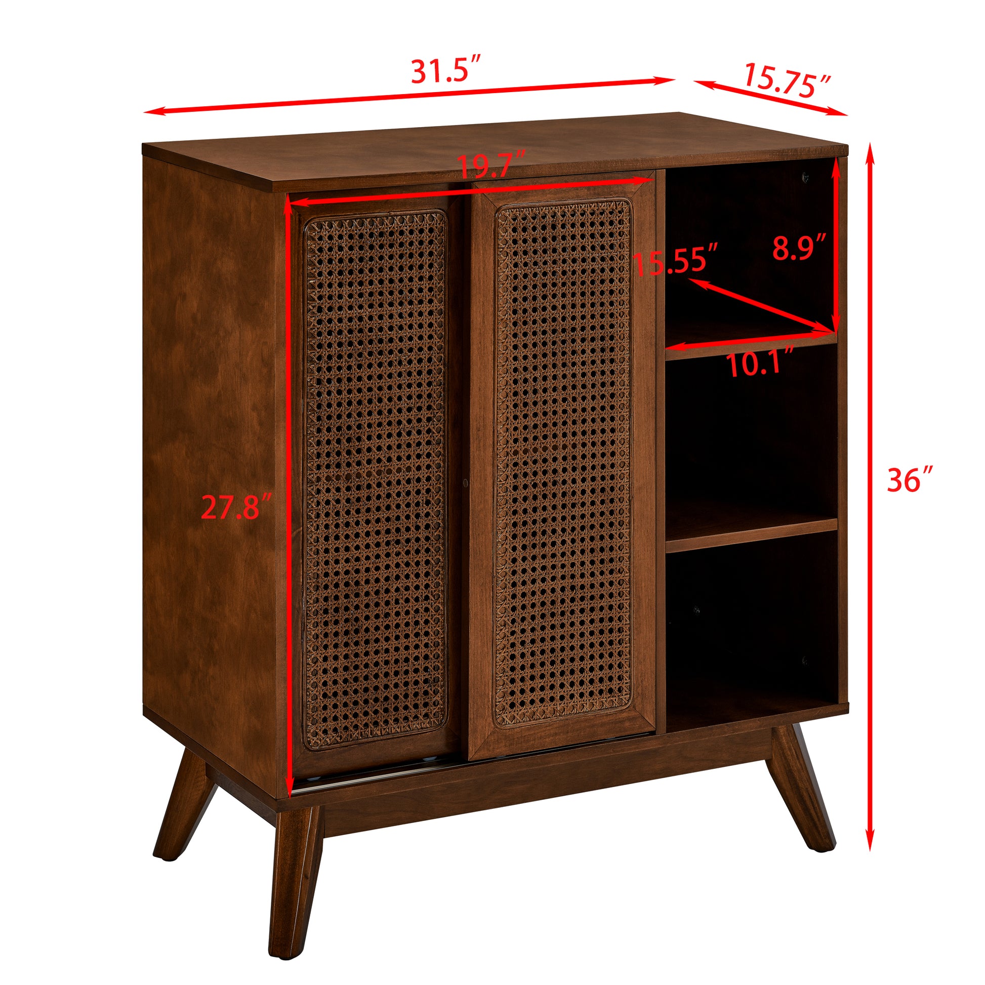 Mid Century Modern Rattan Sideboard Cabinet, Buffet Cabinet For Entryway Hallway Living Room Kitchen Dining Room Bedroom, Adjustable Shelf & Solid Wood Feet & Rattan Cabinet Doors Dark Wood Walnut