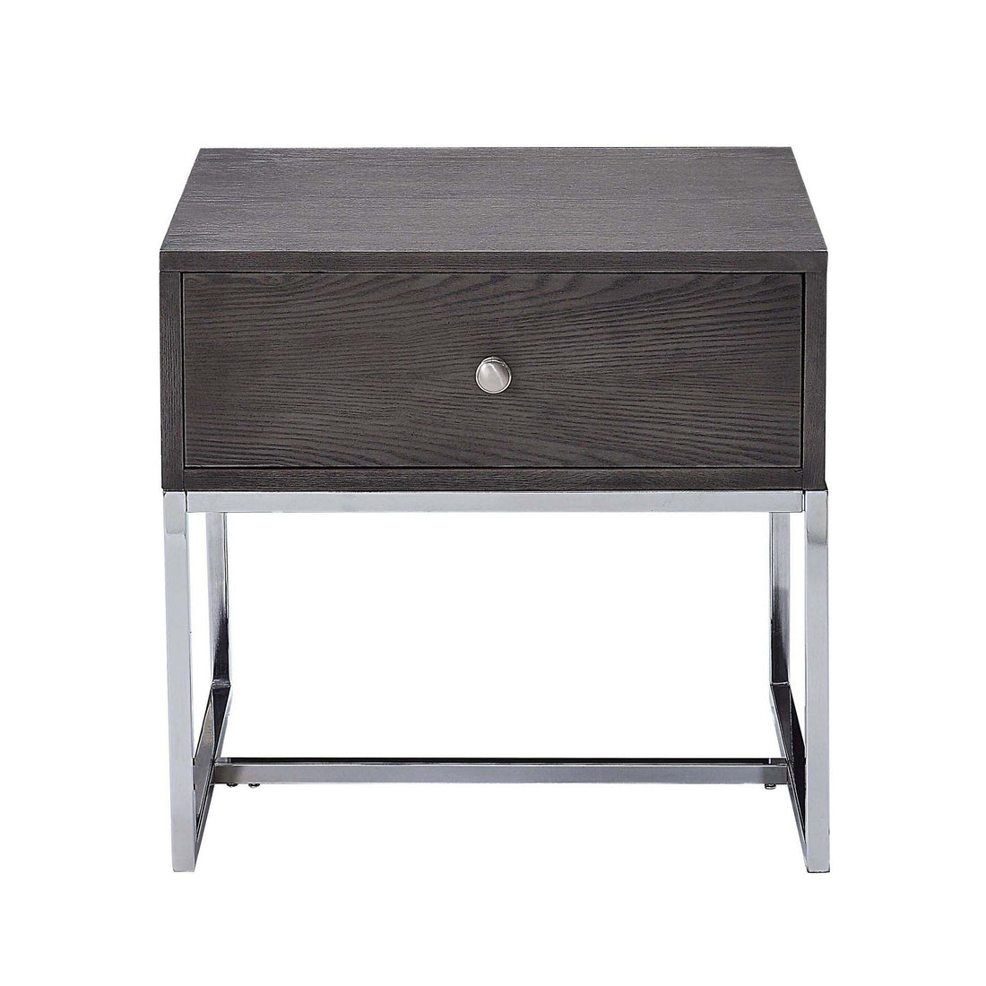 Grey Oak And Chrome Storage End Table Oak Silver Gray Primary Living Space Modern Oak Drawers Rectangular Wood Metal Sled