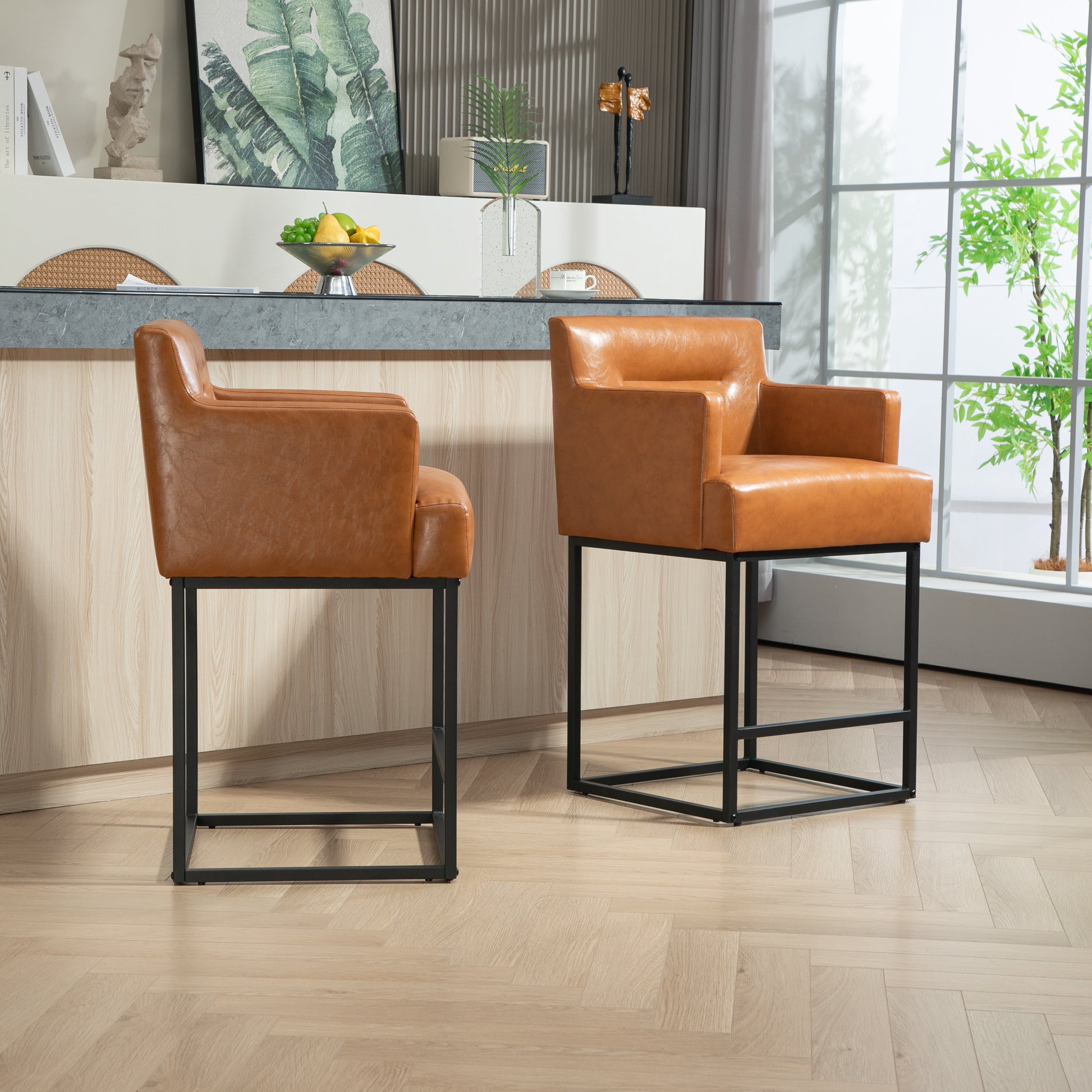 Coolmore Counter Height Bar Stools Set Of 2, Modern Barrel Bar Stool With Backrest And Arms, Black Metal Frames, Upholstered Bar Stools For Kitchen Island, Pub, Club Light Brown Foam Pu Leather