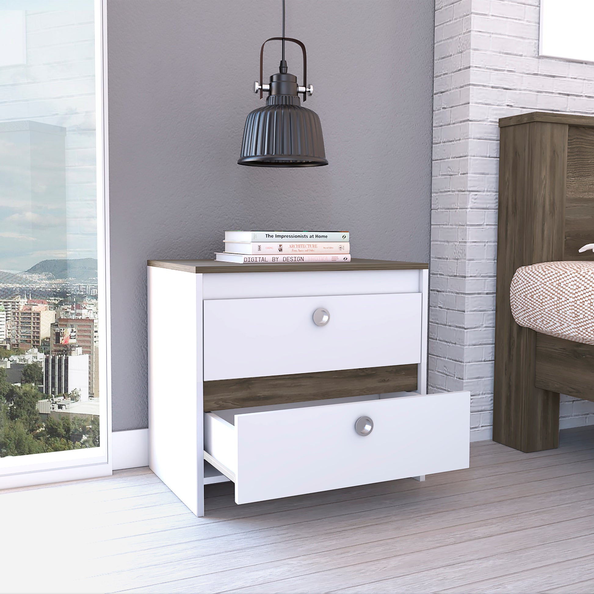 Lily Nightstand, Two Drawers, Superior Top Multicolor 2 Drawers Bedroom Bedside Cabinet Contemporary Melamine Engineered Wood