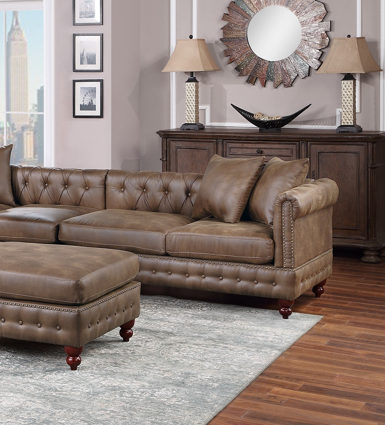 Dark Coffee 4Pc Sectional Set 3X Reversible Loveseat Chaise And 1X Ottoman Tufted Couch Pillows Dark Coffee Faux Leather Wood Primary Living Space Tight Back Contemporary,Luxury,Traditional Modular