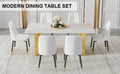 Table And Chair Set.The Table Has A Glass Top With Imitation Marble Pattern Stickers And Stainless Steel Golden Legs. Paried With Chairs With Pu Artificial Leather Backrest Cushions And Black Legs. White Gold Seats 6 Glass Metal