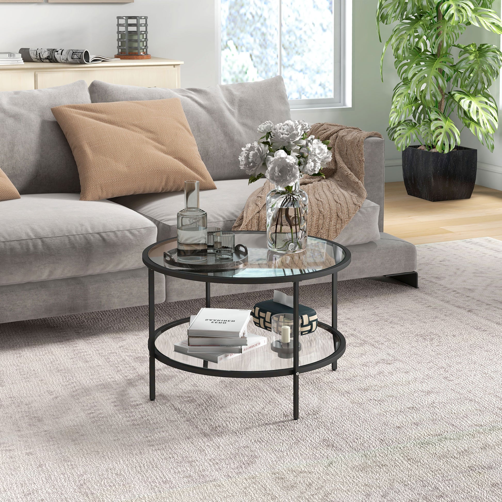 Homcom Side Table With Storage, 26" Round End Table, 2 Tier Tempered Glass Coffee Table With Steel Frame For Living Room, Black Black Glass Metal