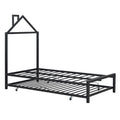 Twin Size Metal Platform Bed With Twin Size Trundle,House Shaped Headboard Design, Black Twin Black Metal
