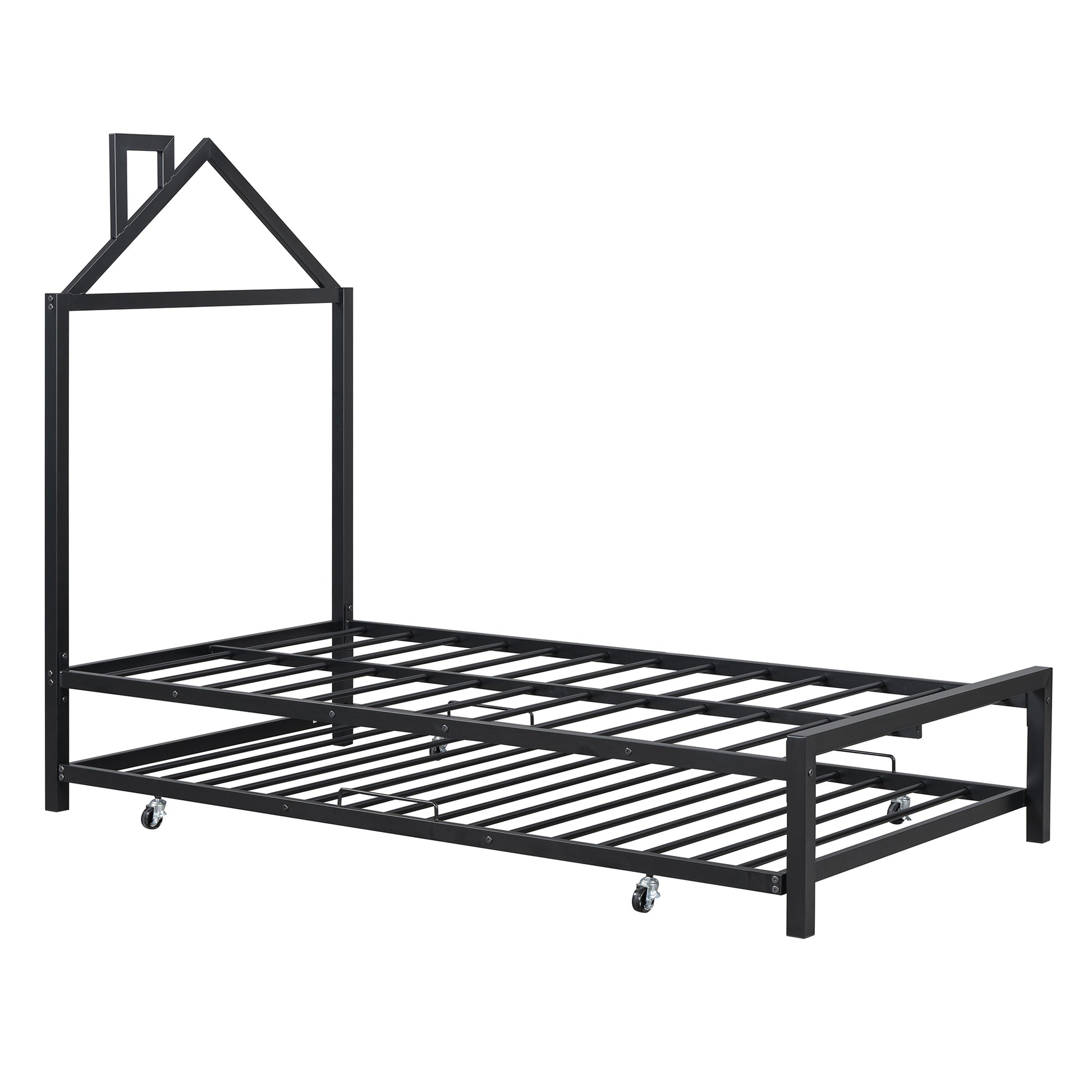 Twin Size Metal Platform Bed With Twin Size Trundle,House Shaped Headboard Design, Black Twin Black Metal