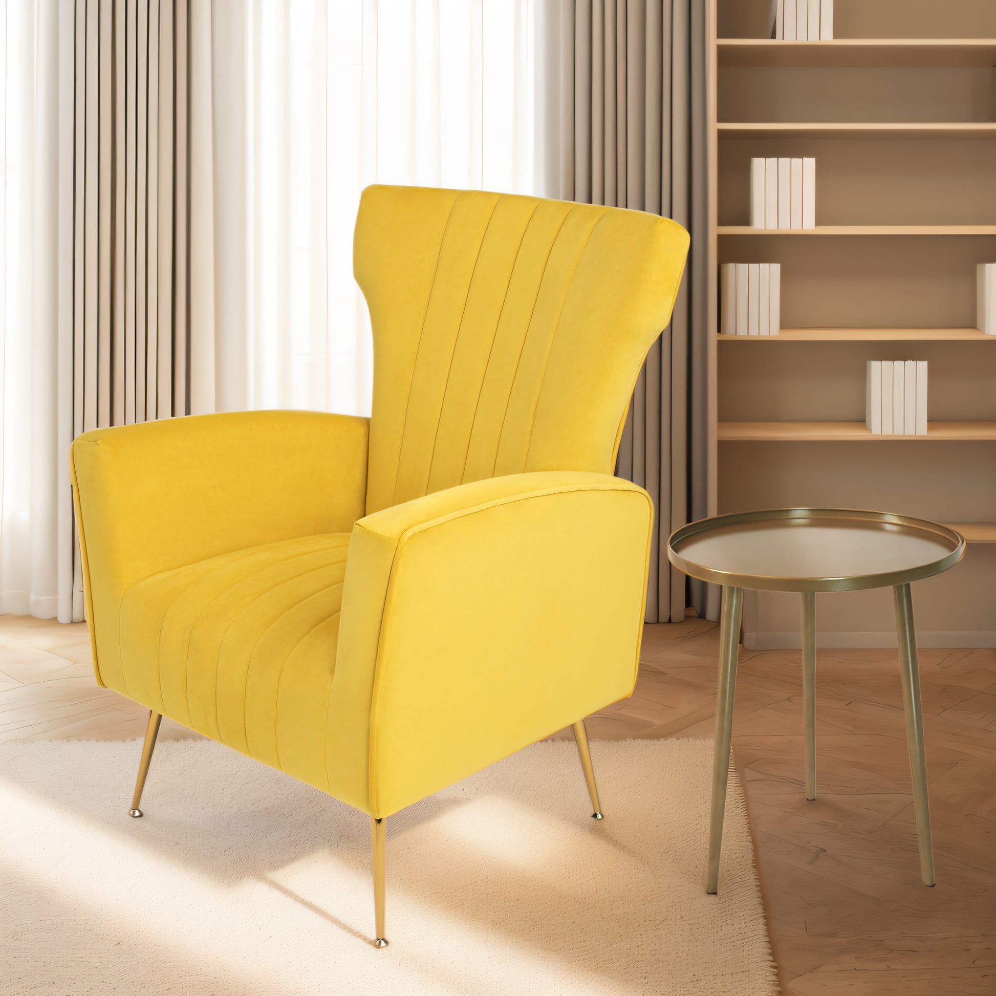 Velvet Accent Chair, Wingback Arm Chair With Gold Legs, Upholstered Single Sofa For Living Room Bedroom Yellow Velvet 1 Seat