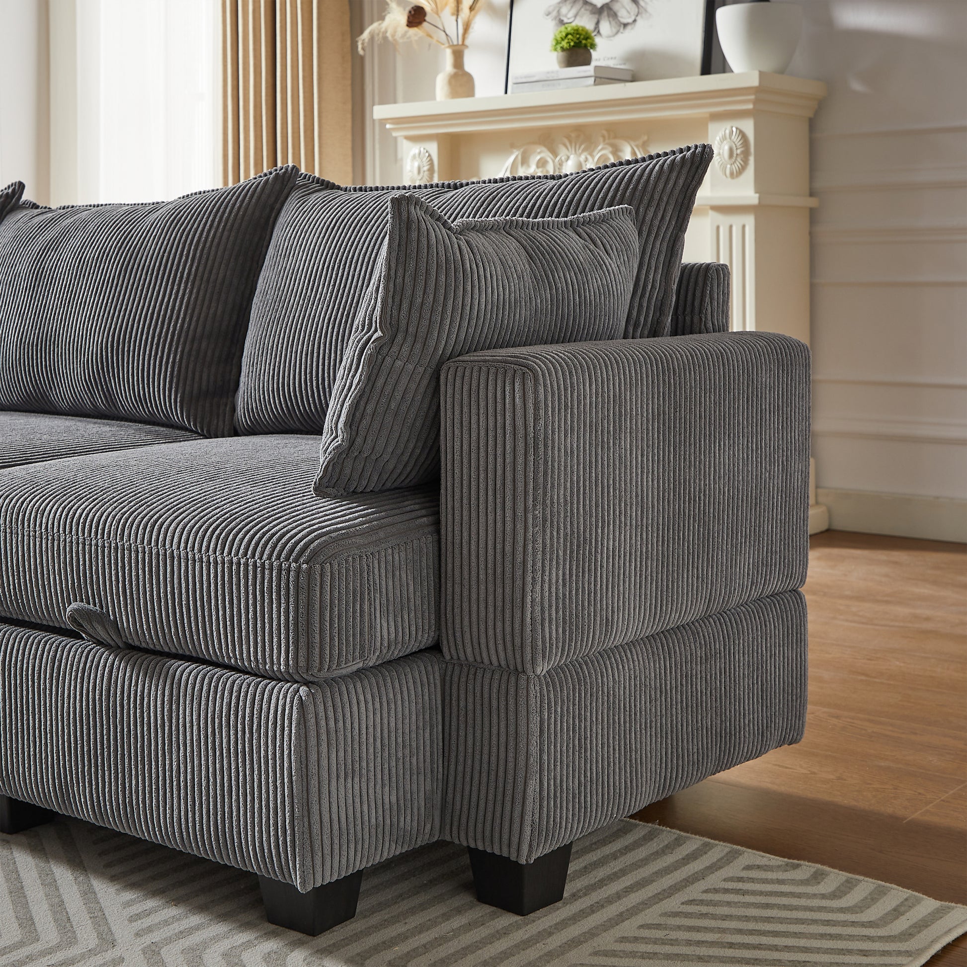 113.5'' Modular Sectiona Corduroy Sofa, Sectional Couches For Living Room U Shaped Sectional Couch With Storage Ottoman, 6 Seats Convertible Sectionals With Chaise Dark Gray Corduroy 6 Seat