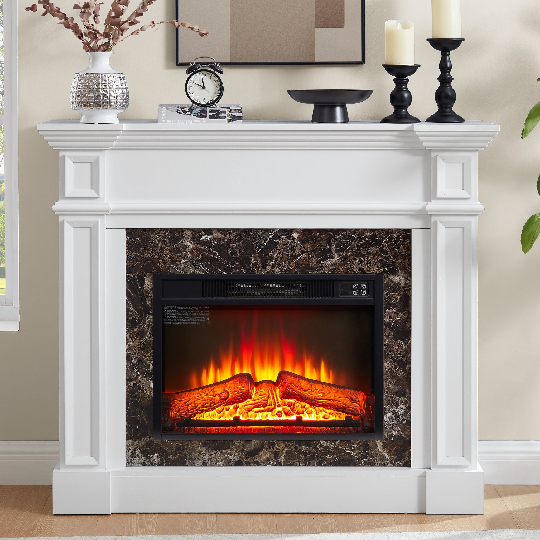 Electric Fireplace With Mantel, Fireplace Mantel, Fireplace Heater Freestanding, Realistic Stacked Stone Surround With Remote Control Timer Led Flame, White, 45.66"W*11.8"D*40"H White Mdf