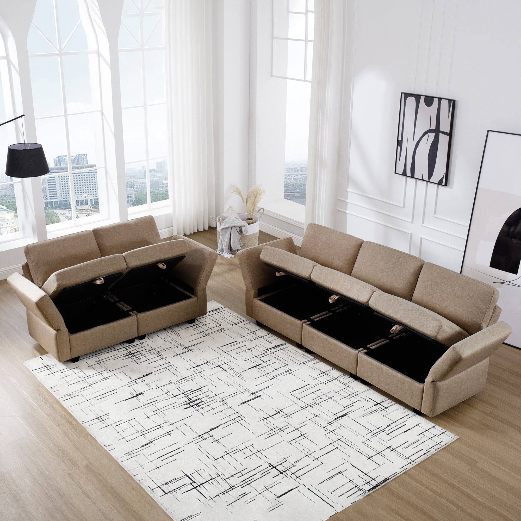 Living Room Sofa Set With 3 Seat Couch And 2 Seat Loveseat, Hidden Storage Under Seat, Soft Back Cushions And Arm Cushionsadjustable Arms And Backs Brown Brown Polyester 5 Seat