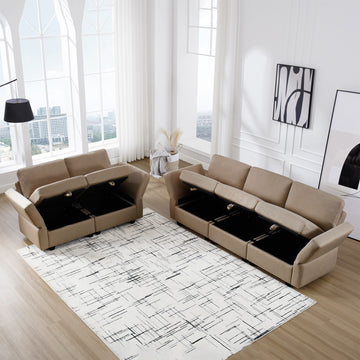 Living Room Sofa Set With 3 Seat Couch And 2 Seat Loveseat, Hidden Storage Under Seat, Soft Back Cushions And Arm Cushionsadjustable Arms And Backs Brown Brown Polyester 5 Seat