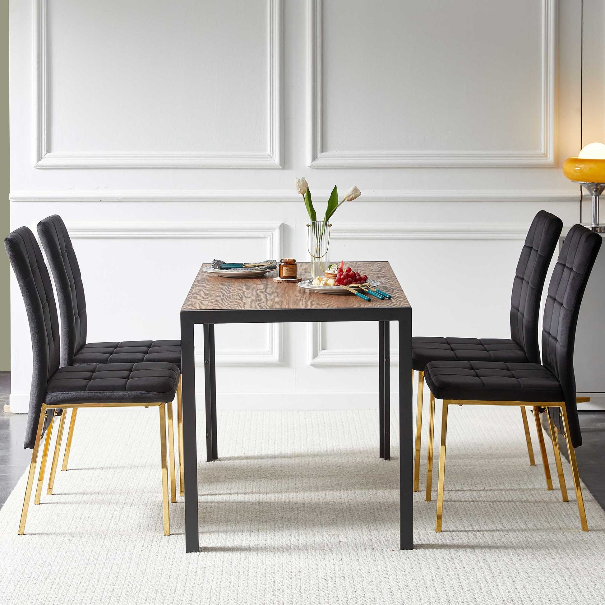 5 Pieces Dining Set Including Black Velvet High Back Golden Color Legs Nordic Dining Chair & Creative Design Mdf Dining Table Walnut Solid Back Seats 4 Brown Metal Dining Room Modern Foam Dining Table With Chair Mdf