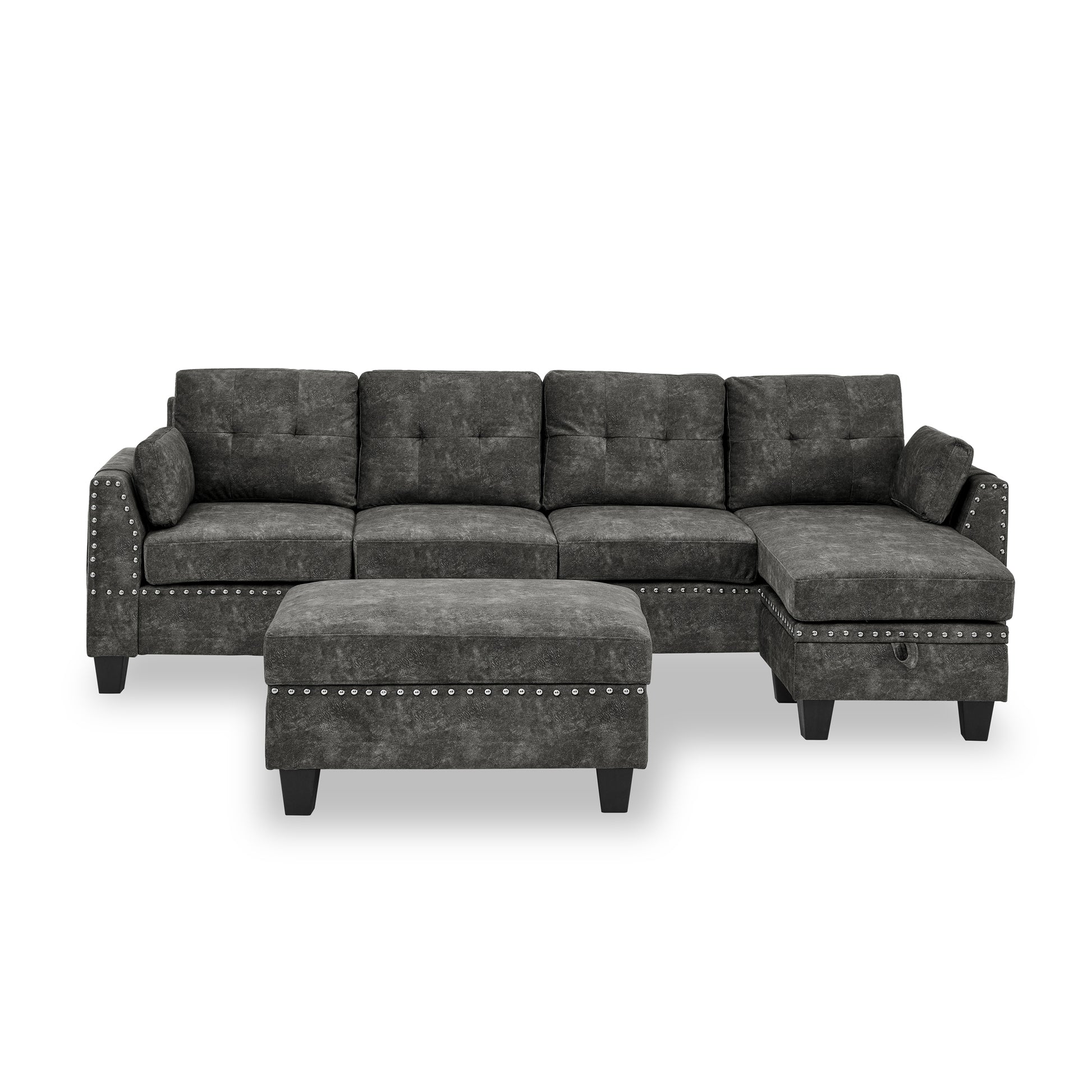 Sectional 3 Seaters Sofa ,Double Sided Multi Functional Footstool, Storage Matnon Slip Leg, Two Pillows, Velvet, Dark Grey Dark Grey Velvet 3 Seat