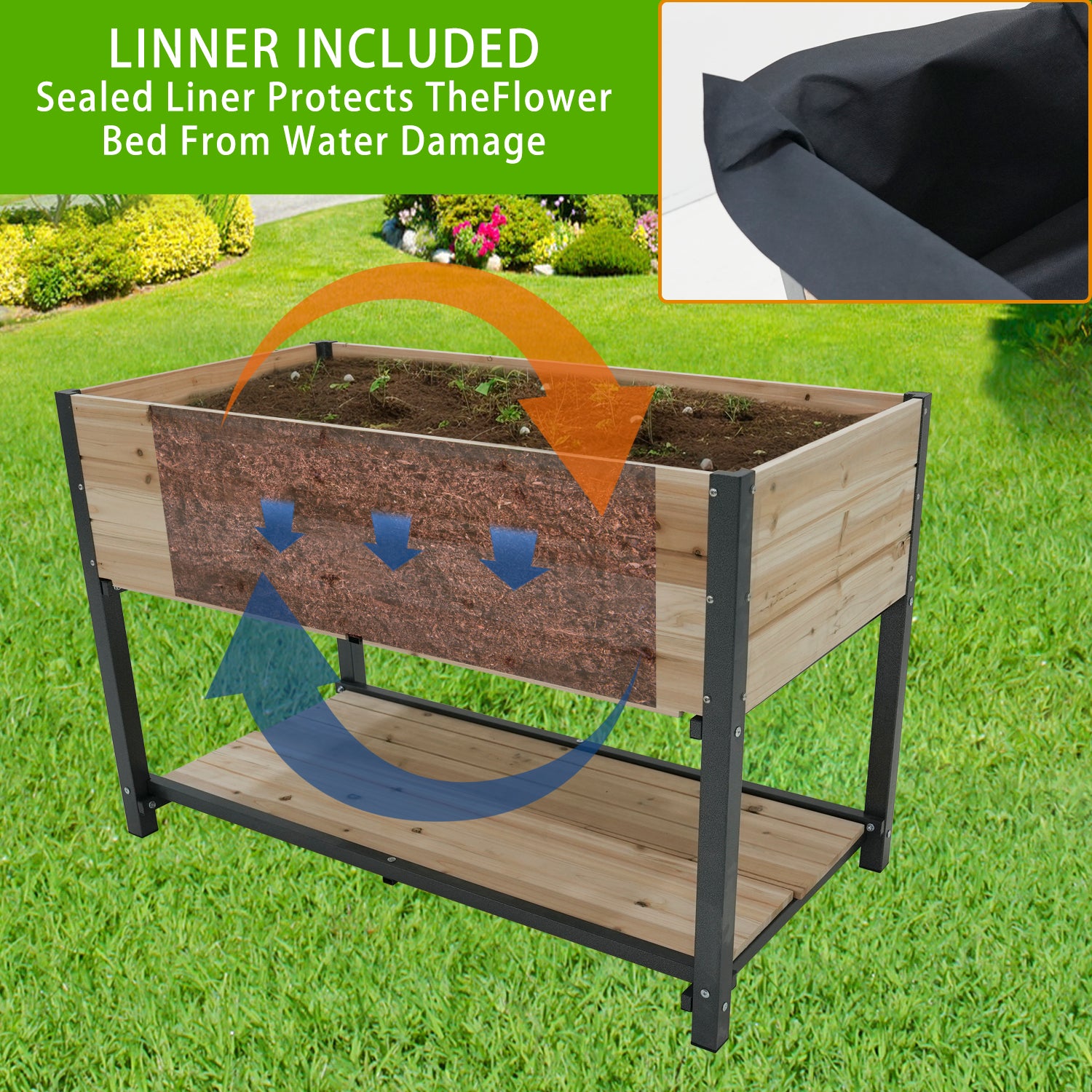Style: 45" Iron Wood Combined Growing Beds With Feet And Storage Racks. Suitable For Various Places Such As Gardens, Backyards, Terraces, Balconies, Etc. Natural Solid Wood