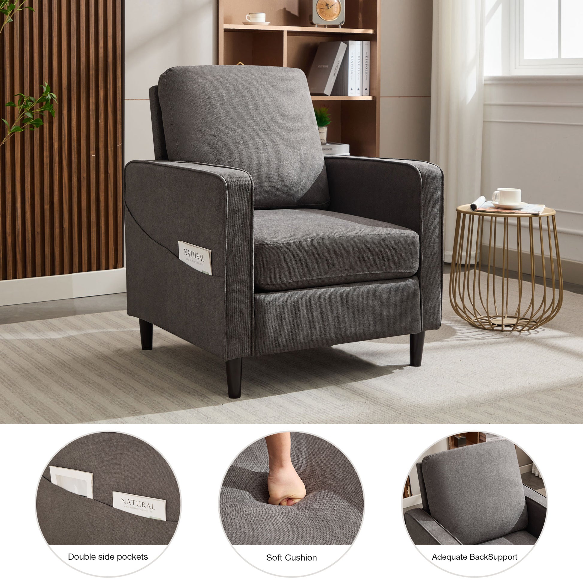 Mid Century Accent Chair ,Modern Linen Fabric Armchair For Living Room,Double Side Pockets, Comfortable And Padded Reading Feature Sofa Chair, Suitable For Bedrooms, Living Rooms, And Offices Dark Grey Linen