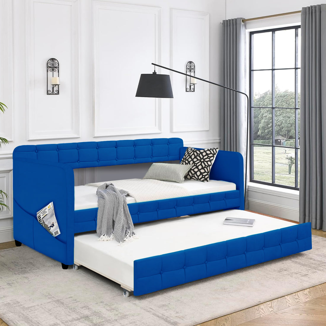 Blue Upholstered Twin Size Daybed With Trundle, Velvet Fabric, No Box Spring Required, Comfortable And Simple Design Models Box Spring Not Required Twin Blue Wood Espresso Bedroom Artsy,Classic,Retro Rubberwood Fiber Foam And Polyester Fiber Pad Velvet